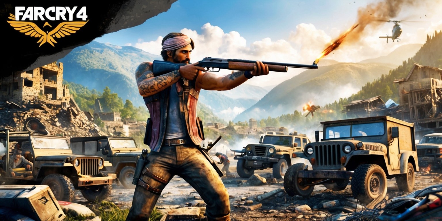 A vibrant, action-packed scene from the Far Cry 4 game, set in the fictional country of Kyrat, with a warm, golden lighting, depicting the game's protagonist, Ajay Ghale, standing in the midst of a chaotic battlefield, surrounded by crumbling buildings, destroyed vehicles, and debris, with a backdrop of lush, green mountains and misty valleys, as he fires his rifle at an unseen enemy, with a determined look on his face, featuring his distinctive tattooed arms and worn, rugged clothing, while in the foreground, a fleet of rugged, battle-scarred vehicles, including a helicopter, a jeep, and a truck, are scattered across the scene, with explosions and smoke filling the air, and the game's logo, a stylized, golden eagle emblem, emblazoned on the top-left corner of the image, in a bold, modern font.