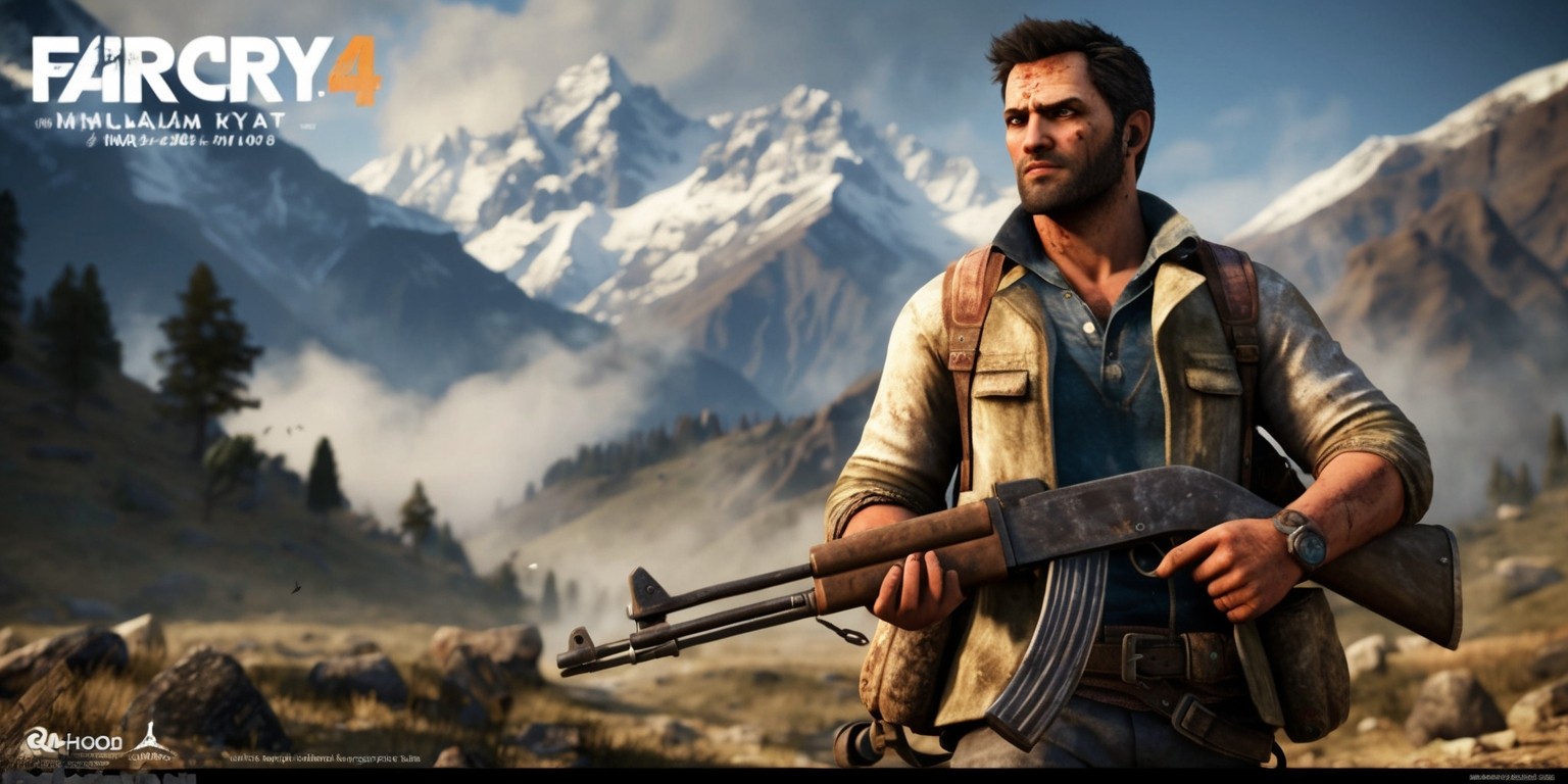 A vibrant and action-packed scene from the Far Cry 4 game, set in the fictional country of Kyrat, with the majestic Himalayan mountains in the background, their snow-capped peaks reaching for the sky. In the foreground, Ajay Ghale, the game's protagonist, stands tall, clad in worn and weathered clothing, with a determined look on his rugged, bronzed face, adorned with a few days' worth of stubble. He holds a worn-out AK-47 rifle, with a few scratches and scuffs, at the ready, as he gazes out into the distance, surveying the landscape. The atmosphere is tense, with a hint of mist and fog hanging low over the terrain, adding to the sense of foreboding and danger. The color palette is rich and varied, with earthy tones of green, brown, and beige, punctuated by the vibrant colors of the characters and equipment. The overall style is highly detailed, with a mix of realistic and stylized elements, evoking the feel of a AAA game. The frame is cropped tight, focusing on Ajay, with the mountains and landscape blurred in the background, adding depth and context to the scene.