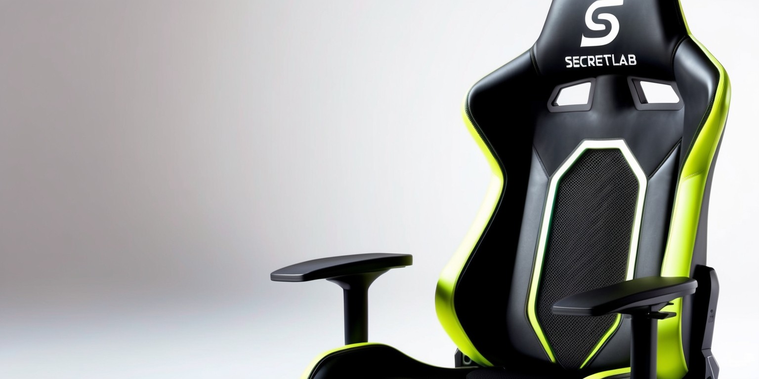 A highly detailed, photorealistic image of the Secretlab Titan Evo NanoGen Edition gaming chair, showcasing its sleek, futuristic design with a predominantly black and neon green color scheme, featuring intricate, angular lines and mesh panels, with a pronounced lumbar support and adjustable, elongated armrests, set against a clean, gradient-less, pure white background, with the brand's logo, a stylized, silver 