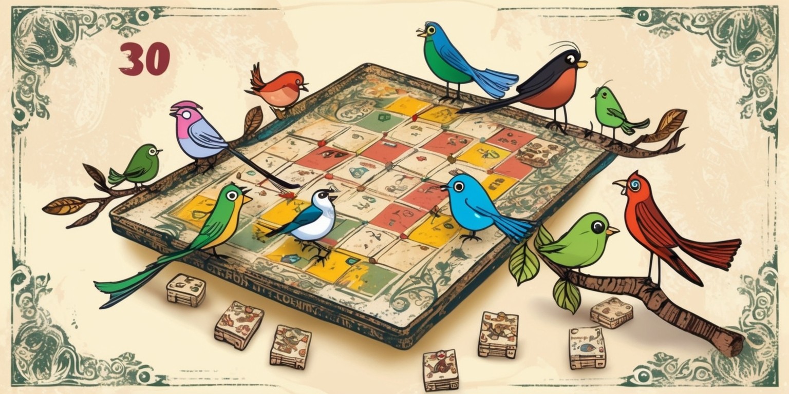 A whimsical illustration of a 30 Birds game, set against a soft, creamy background that evokes a sense of nostalgia and playfulness. The game board, rendered in a distressed, vintage-inspired aesthetic, takes center stage, adorned with intricate ornate details and ornamental patterns.Thirty birds, each uniquely designed with varying plumage, beaks, and expressive eyes, perch on the board's branches, their vibrant colors populating the scene with joyful energy. The game pieces, crafted to resemble miniature wooden tokens, are scattered across the board, awaiting the next player's move. The overall style blends traditional and digital media, with bold lines, textures, and a touch of watercolor softness. The color palette is a harmonious blend of earthy tones, pastels, and rich jewel tones, inviting the viewer to step into a world of carefree wonder.