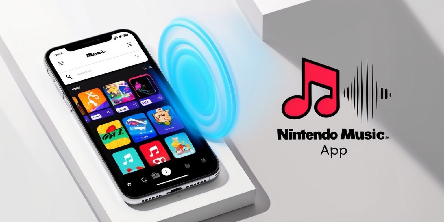 A colorful illustration of the Nintendo Music app on a sleek, modern smartphone, set against a clean white background, with bold, rounded UI elements and vibrant icons showcasing various music genres, such as jazz, rock, and electronic, with nostalgic nods to classic Nintendo games and characters, perhaps with a subtle Mario-inspired sound wave or a Guitar Hero-esque icon, featuring a prominent search bar and playback controls, with a mesmerizing bright blue glow emanating from the screen, highlighting the app's logo, a stylized music note incorporating Nintendo's iconic red and white colors, in a modern, geometric font, surrounded by subtle, soft shadows and slight reflections, giving the image a sense of depth and dimensionality.