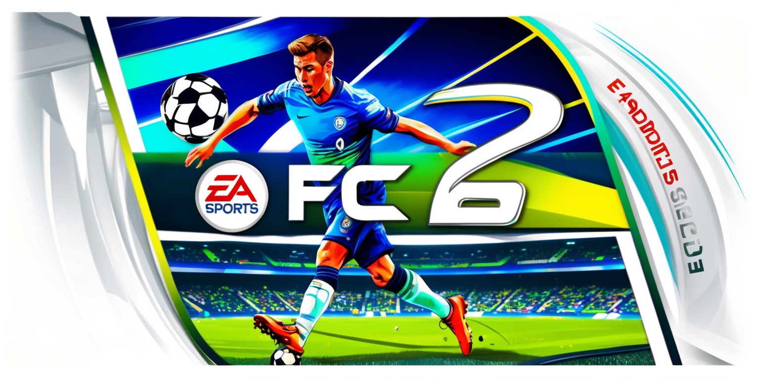 A detailed illustration of the EA Sports FC 26 game cover, featuring a prominent soccer player in action, with a vibrant and dynamic background, incorporating the EA Sports logo in a bold, modern font, with the game title FC 26 displayed prominently in a sleek, metallic style, the player wearing a sleek soccer jersey and cleats, with a determined expression, set against a backdrop of a soccer stadium with a cheering crowd, the overall color scheme is a mix of bright blues and whites, with accents of green and yellow, the image is framed by a thin white border, with the tagline of the game written in a curved line above the player's head in a bold, red font.