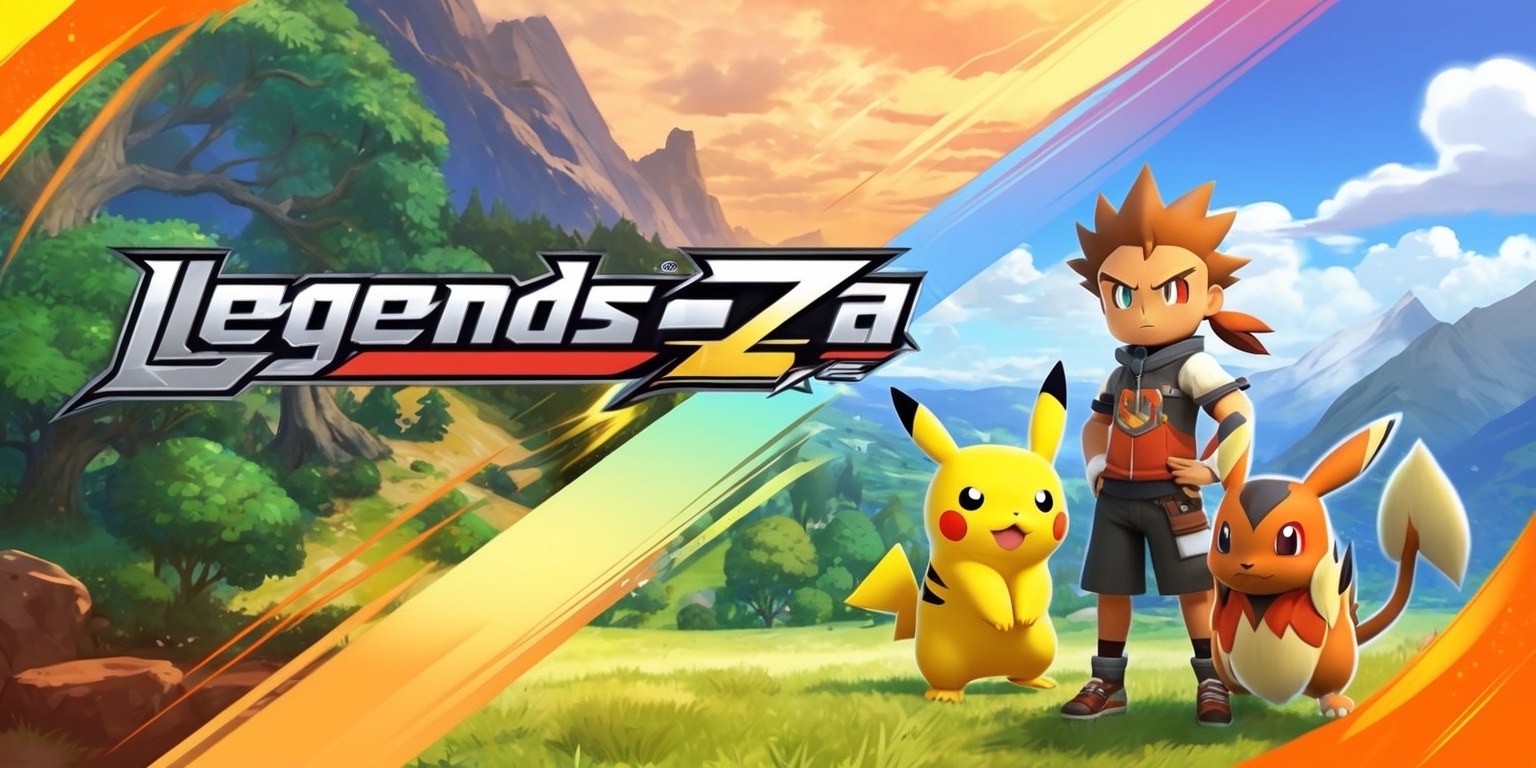 A vibrant and action-packed scene from Pokémon Legends: Z-A game, featuring a dynamic layout with a mix of lush green forests, rugged mountains, and vast open skies, set against a warm and inviting color palette with hues of orange, yellow, and blue, as the protagonist, a young trainer with determined facial features and sun-kissed skin, stands confidently with their trusty Pokémon by their side, showcasing unique attributes such as scars, badges, or distinctive clothing, with the game's logo, a stylized font in bold silver and black, prominently displayed in the top left corner, and the title Pokémon Legends: Z-A emblazoned across the center in a curved line, with a subtle gradient effect and a touch of mystical aura surrounding the entire scene.