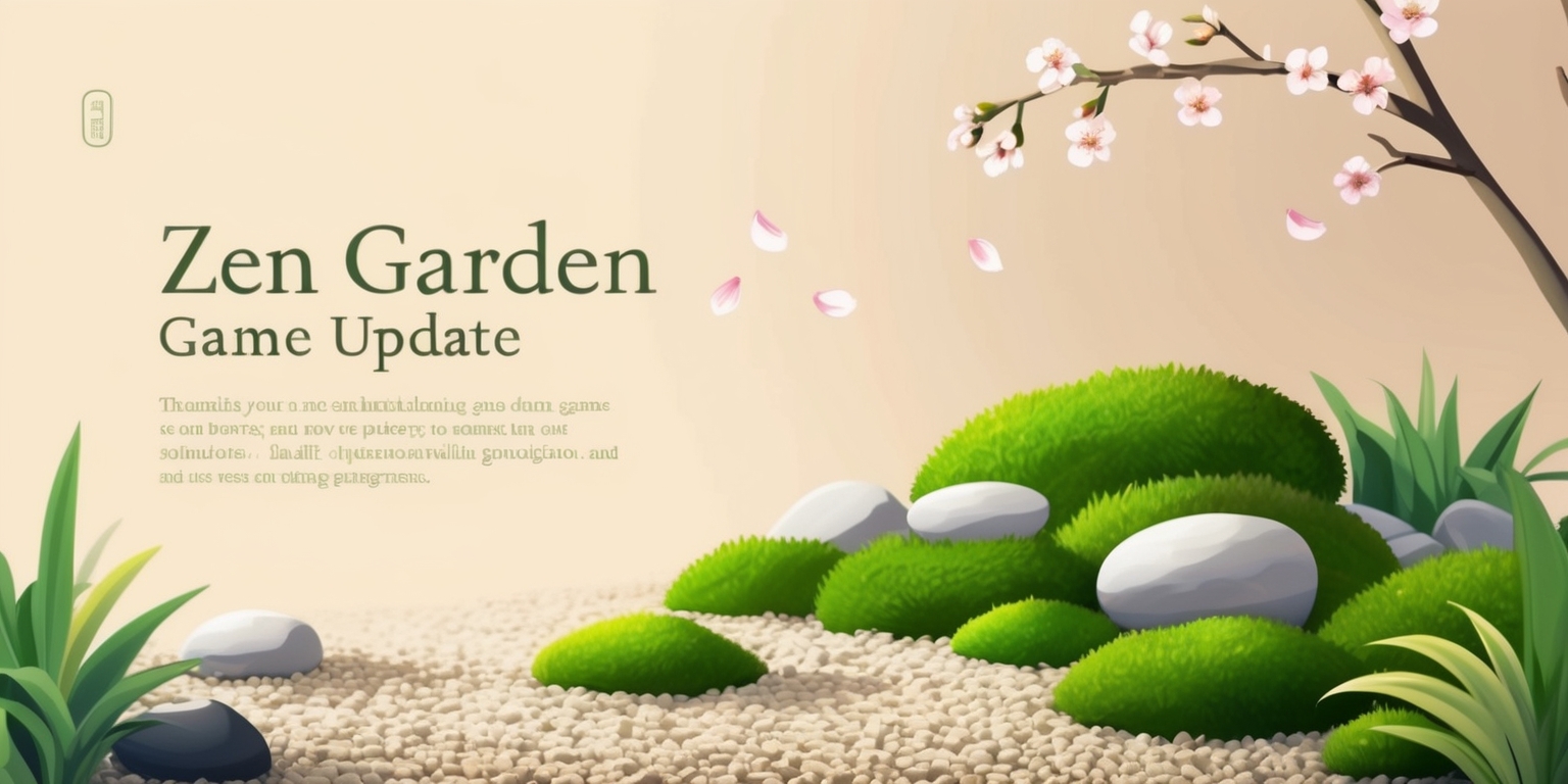 A serene and minimalist digital illustration of a Zen Garden game update, featuring a tranquil landscape with lush green moss, carefully raked gravel, and strategically placed stones, set against a soft and warm beige background, with a modern and sleek user interface overlay, displaying updated game features and options in a clean and elegant font, with a subtle wooden texture and a muted color palette of earthy tones, including shades of green, brown, and gray, and a few cherry blossom petals gently falling from the top of the screen, with a sense of depth and dimensionality achieved through the use of subtle shadows and gentle lighting effects.