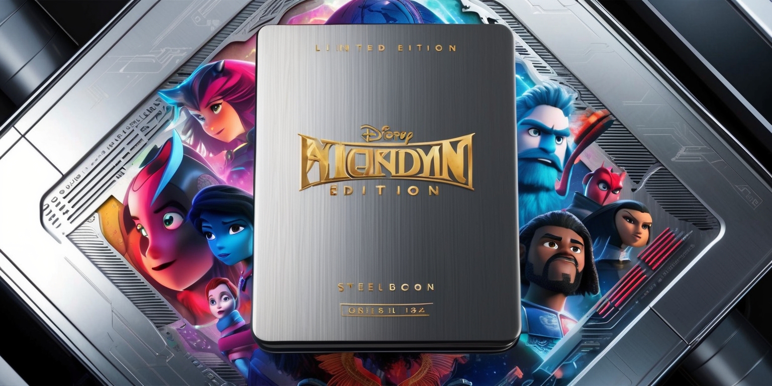 A highly detailed and colorful limited edition animated film steelbook edition, with a metallic steel finish and embossed title, surrounded by vibrant character artwork and subtle textures, on a sleek and modern background, with the film's logo prominently displayed in bold, golden font, and the edition number discreetly printed in smaller text at the bottom, with a glossy finish that reflects light and accentuates the colors, and the overall design is a mix of futuristic and fantasy elements, blending smoothly together to create a visually stunning and collectible steelbook edition.