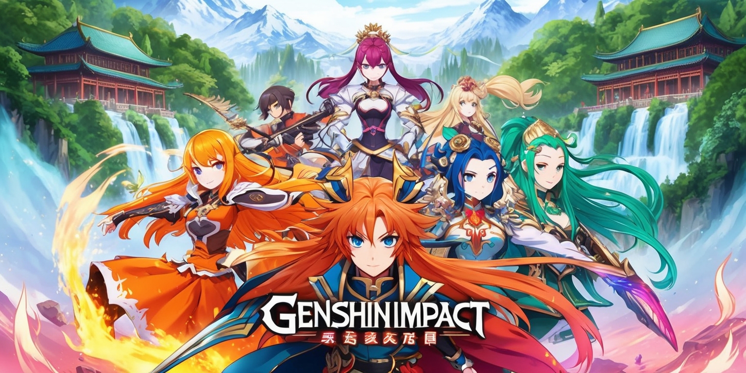 A vibrant, high-fantasy illustration depicting the fantastical world of Genshin Impact, with lush green forests, snow-capped mountains, and misty waterfalls in the background, blending traditional Chinese architecture with magical elements. In the foreground, a group of characters from the game, including the protagonist, Paimon, and other prominent figures, showcasing their unique abilities and weapons, with intricate details on their armor, hairstyles, and facial features, such as Mondstadt's Amber with her bright orange hair and Windblume outfit, and Liyue's Ningguang with her jade-green attire and ornate headdress. The characters are posed dynamically, with movement and energy, surrounded by elemental effects like fire, water, and wind, in a harmonious balance of warm and cool colors, with soft, gradient lighting and subtle, mystical glows. The image is rendered in a stylized, anime-inspired art style, with bold lines, expressive facial expressions, and detailed textures, capturing the sense of adventure and wonder in the world of Genshin Impact.