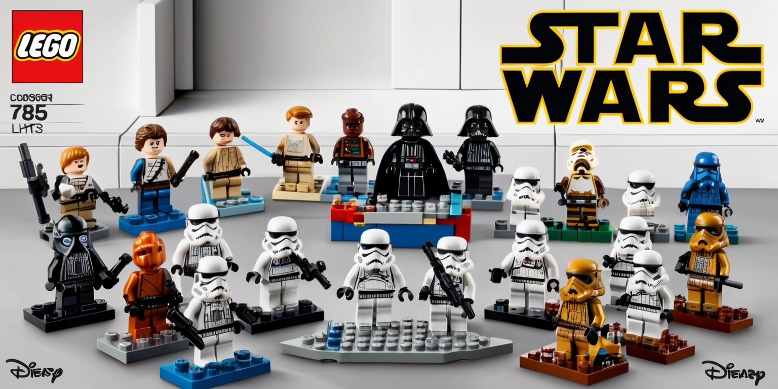 A highly detailed and colorful Lego Star Wars collectible set, comprised of various miniature figurines and intricately designed structures, with a vibrant array of colors, including blues, whites, grays, and earth tones, set against a clean and simple background, with the Lego Star Wars logo prominently displayed in a bold, yellow, and black font, featuring iconic characters such as Luke Skywalker, Darth Vader, and Stormtroopers, with unique facial features and expressions, and meticulous attention to texture and detail, showcasing the intricate design and craftsmanship of the Lego pieces, with a sense of depth and dimensionality, and a overall nostalgic and playful aesthetic.