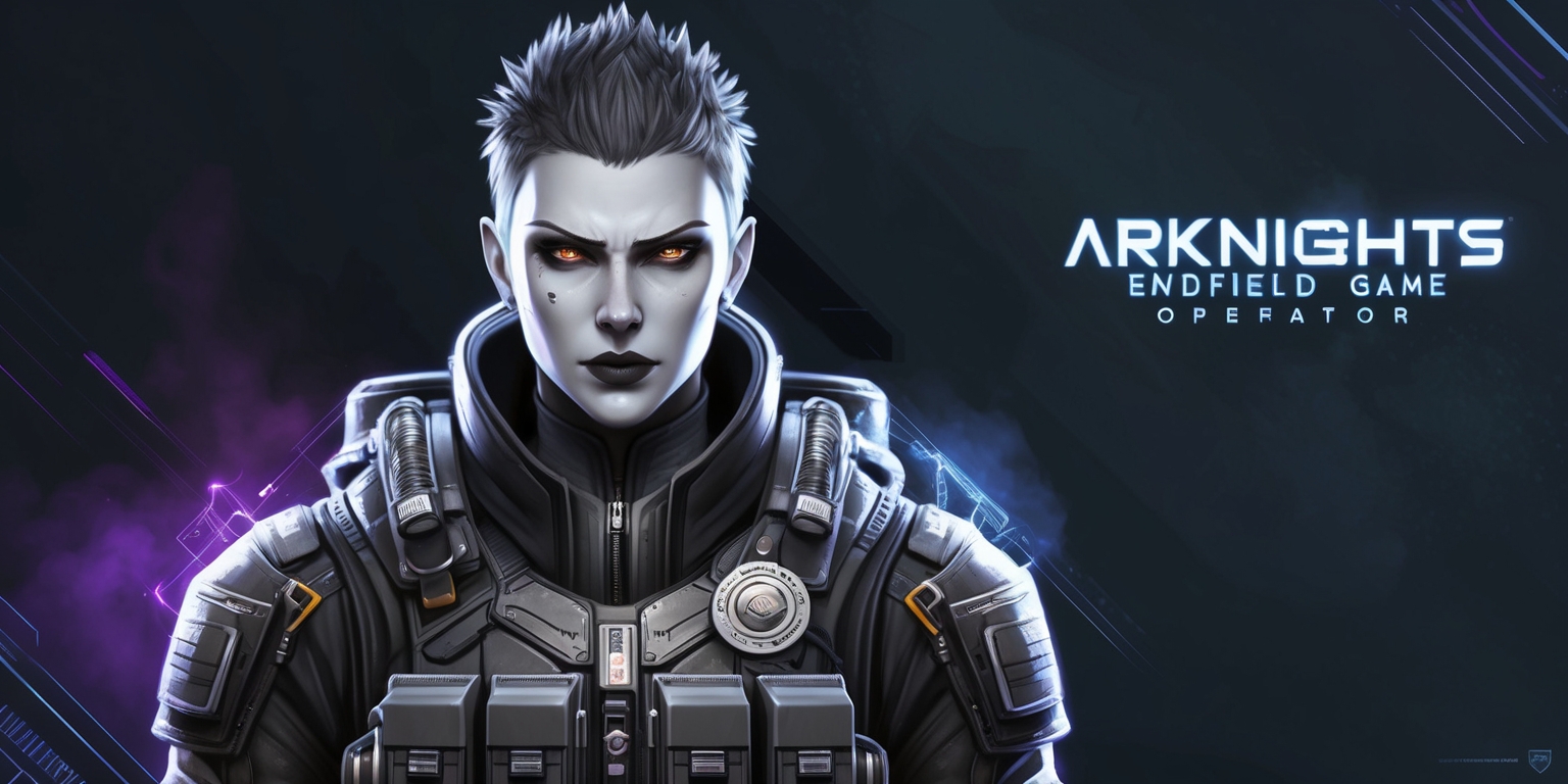 A highly detailed digital illustration of an Arknights Endfield game operator, set against a dark and muted background with hints of neon blue and purple accents, the operator's facial features are sharply defined with a determined expression, pale skin, and short spiky hair, wearing a sleek black and grey tactical outfit with numerous pockets and pouches, adorned with intricate metallic accents and a silver badge on the chest, the operator's eyes are a deep shade of brown with a sharp gaze, with a subtle glow effect on their person, the overall style is a mix of sci-fi and industrial elements, with bold lines and vibrant colors, the composition is focused on the operator, with a shallow depth of field, and a sense of dynamic movement, the operator's gear and equipment are meticulously rendered, with a mix of futuristic and high-tech elements.
