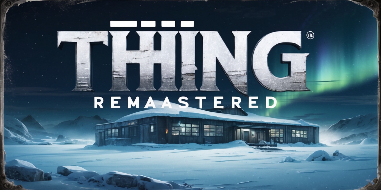 A vintage-style video game cover art featuring the sci-fi horror game The Thing: Remastered set against a cold, dark, Antarctic landscape with a faint aurora borealis glowing in the background. The title The Thing: Remastered is emblazoned in bold, distressed, metallic silver font with a subtle gradient effect to give it a worn, retro look. The font style is reminiscent of 1980s-era video games. In the foreground, a haunting illustration of an eerie, snow-covered research facility, partially obscured by fog, with a sense of mysterious, otherworldly presence lurking in the shadows. The color palette is predominantly dark blues and whites, evoking a sense of isolation and dread. The overall aesthetic is a blend of retro futurism and cosmic horror, capturing the essence of John Carpenter's 1982 cult classic film.