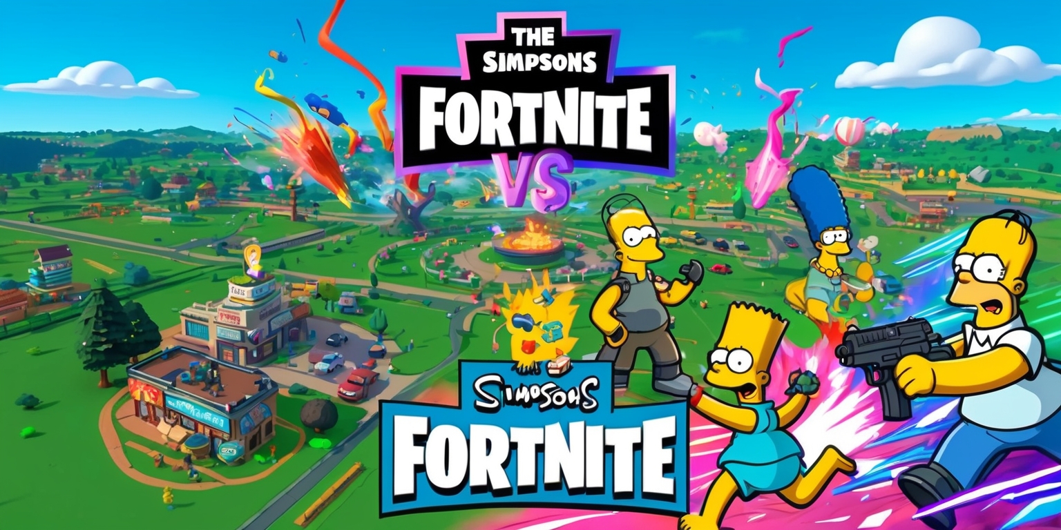 A vibrant and dynamic digital artwork depicting the convergence of Fortnite and The Simpsons, with a sprawling landscape featuring iconic landmarks from Springfield, such as the Kwik-E-Mart and Moe's Tavern, seamlessly integrated into the Fortnite map, as beloved characters like Bart Simpson and Homer Simpson interact with Fortnite's default skins, amidst a flurry of colorful explosions, loot llamas, and futuristic elements, with a clear blue sky and fluffy white clouds in the background, and the Fortnite logo prominently displayed in bold, metallic letters, alongside The Simpsons' signature font, in a futuristic, neon-lit style, with bold lines, dynamic shading, and intricate details, showcasing a thrilling and action-packed scene that embodies the spirit of both franchises, with a mix of realistic and stylized elements, and a sense of energy and excitement that draws the viewer into the world of Fortnite and The Simpsons.