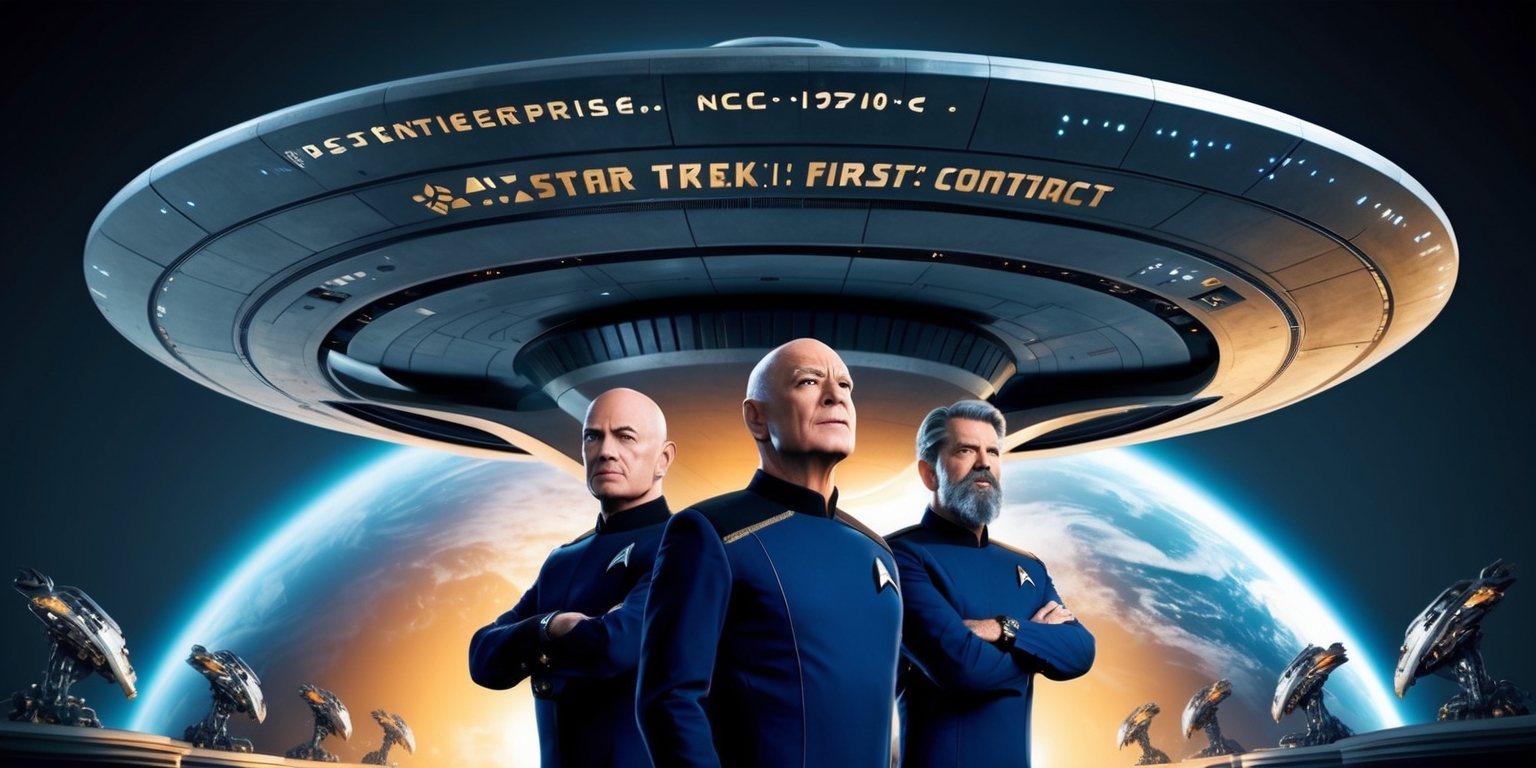 A dramatic scene from the Star Trek: First Contact movie, set against a dark blue and gray tone, depicting the USS Enterprise NCC-1701-E spaceship docked in the vicinity of a futuristic Earth orbit, with the planet's curvature visible in the background, illuminated by a warm golden light. Captain Jean-Luc Picard, with his distinguished balding hair and piercing blue eyes, stands in the foreground, wearing a navy blue Starfleet uniform, gazing upward with a determined expression. To his left, Commander William Riker, sporting a rugged beard and a confident smile, is posed in a heroic stance, donning a matching uniform. In the distance, the sleek and ominous Borg Cube looms, its metallic surface reflecting the Earth's light, while a swarm of Borg drones buzz around it. The image is rendered in a stylized, cinematic manner, with vibrant colors and intricate details, capturing the essence of the iconic sci-fi film.