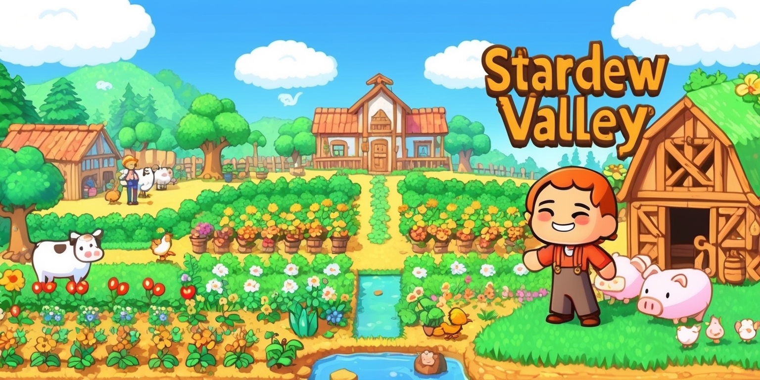 A vibrant and serene landscape of Stardew Valley, featuring a picturesque farm with lush green crops, a bright blue sky with fluffy white clouds, and a few friendly characters, including the player, a young farmer with a determined expression, rosy cheeks, and a warm smile, standing beside a beautiful and colorful garden filled with various flowers, trees, and a small pond, with a few farm animals roaming around, such as cows, pigs, and chickens, and in the distance, a small village with cottages, shops, and a town hall, all surrounded by rolling hills and dense forests, with a warm and cozy color palette, reminiscent of a peaceful rural town, and a sense of tranquility and wonder, as if the scene is taken from a beautiful watercolor painting.
