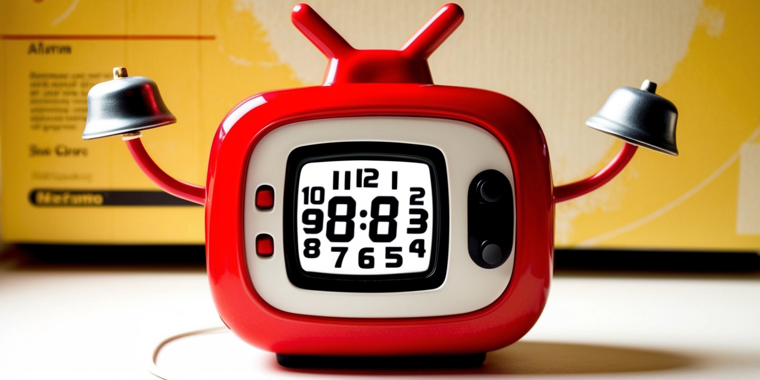 A retro-style alarm clock in the shape of Nintendo's iconic Alarmo character from the Mario franchise, with a bright red and white color scheme, its round body resembling a mini TV set, featuring a small screen displaying the time in bold black digits on a bright white background, two small black buttons on either side for setting the time, and a pair of long, curved arms ending in small bells that ring when the alarm goes off, all set against a soft, creamy yellow background with subtle texture resembling old-school video game packaging, with a hint of warm, nostalgic lighting.