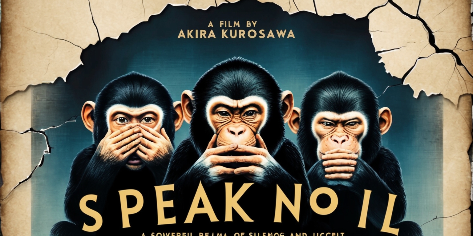 A vintage-style movie poster for the 1949 Japanese film Speak No Evil, showcasing a dramatic and moody illustration of the three wise monkeys, Mizaru, Kikazaru, and Iwazaru, who are covering their eyes, ears, and mouth, respectively, set against a dark and gradient blue background with subtle cracks and worn edges, evoking a sense of aged parchment, with bold, golden font displaying the title Speak No Evil in Japanese characters, accompanied by smaller text A film by Akira Kurosawa in a curved line above the title, and the tagline A powerful drama of silence and deceit written in a stylized, cursive script at the bottom, all composed in a harmonious balance of traditional and modern elements.