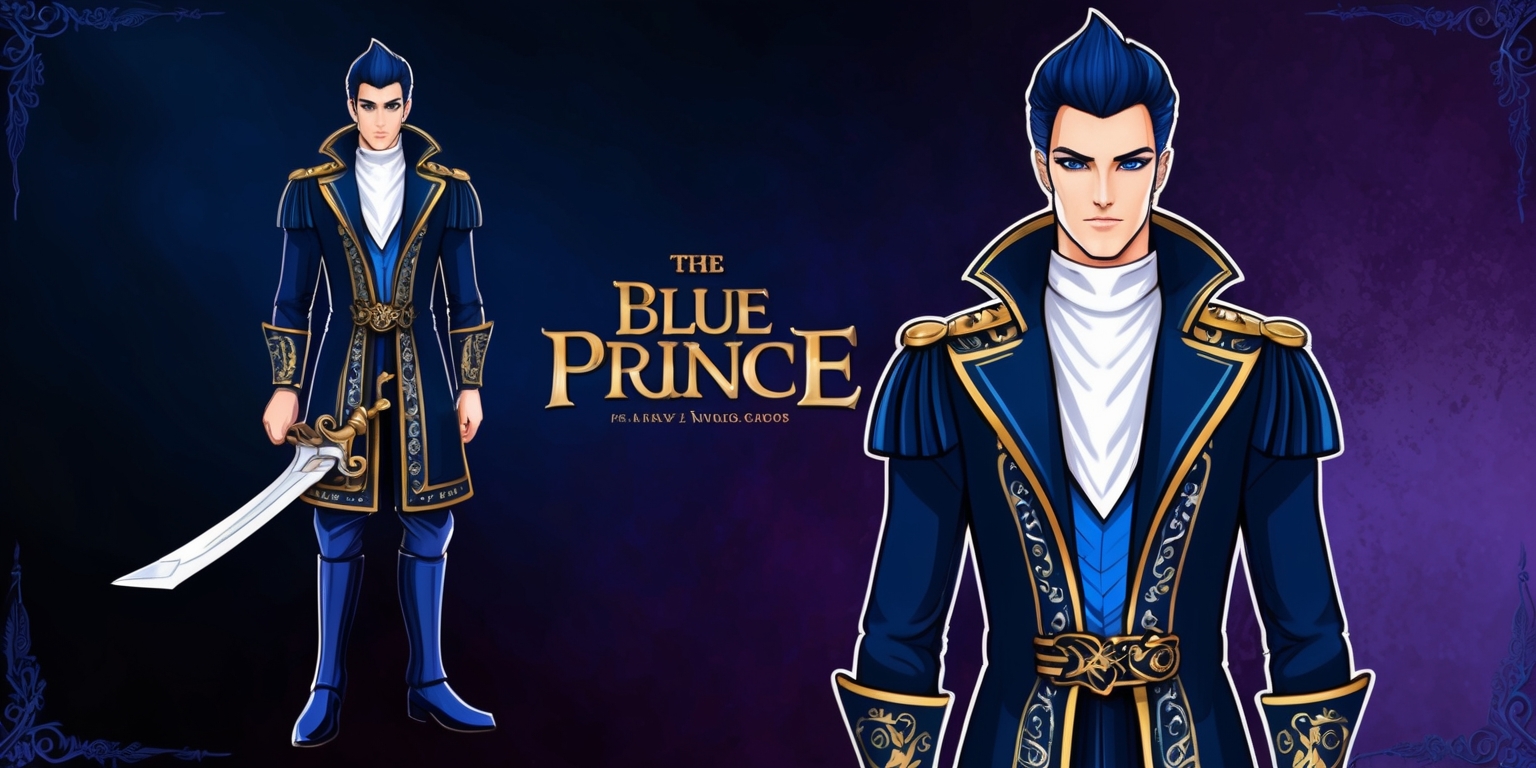 A regal, mysterious illustration of a prince character from a fantasy video game, set against a rich, dark blue background that gradates to a deep purple towards the edges, evoking a sense of luxury and power. The prince wears a ornate, navy blue and gold trimmed coat with intricately embroidered silver threads, accompanied by a crisp white shirt, dark blue pants, and black boots with a subtle shine. His facial features are refined, with piercing blue eyes, a strong jawline, and a small, elegant nose. His dark blue hair is styled in a sleek, modern pompadour, adding to his dignified and authoritative presence. In the foreground, the prince holds a gleaming silver sword with an ornate hilt, symbolizing his royalty and bravery. The overall style is a mix of medieval and modern elements, with bold lines, vibrant colors, and subtle textures, inviting the viewer to enter the fantastical world of the Blue Prince game.