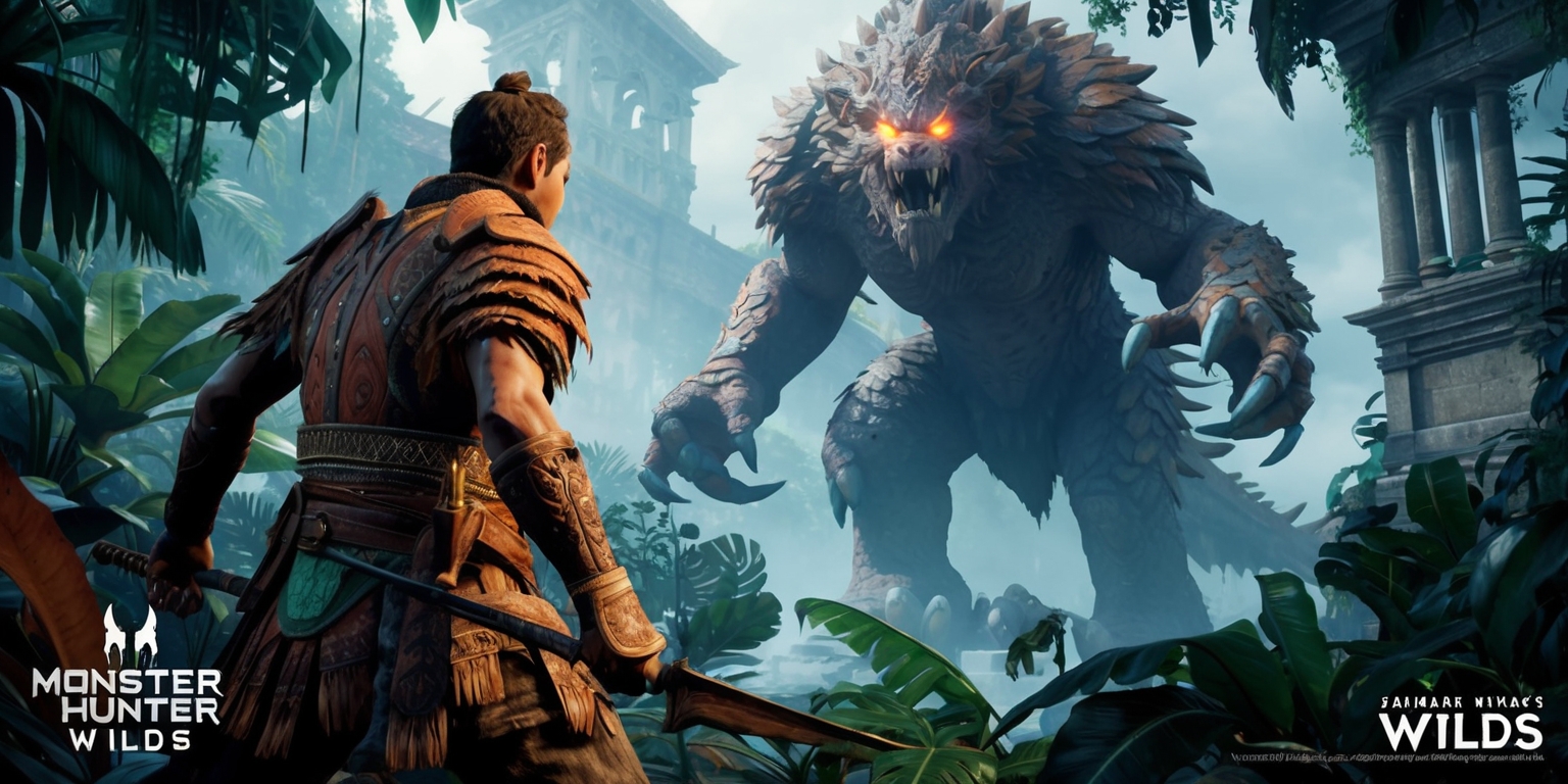 A vivid, action-packed scene depicting a hunter from the Monster Hunter Wilds game, set amidst a lush, vibrant jungle environment with dense foliage, Ancient Ruins-inspired architecture, and an ominous, misty atmosphere. The hunter, dressed in worn, earthy-toned armor with intricate tribal patterns, stands heroically in the foreground, gazing up at a towering, scales-and-fur-covered monster in the distance. The beast's piercing eyes glow with an ethereal, otherworldly energy, as if infused with the power of the Wilds. The composition features a cinematic, dynamic layout, with the hunter positioned at the bottom-left corner, and the monster looming large in the background, its massive claws and tail stretching across the frame. The color palette is rich and earthy, with shades of emerald green, terracotta, and misty blue, evoking a sense of adventure and discovery. Intricate textures, such as the hunter's worn leather and the monster's scaly hide, add depth and realism to the scene.