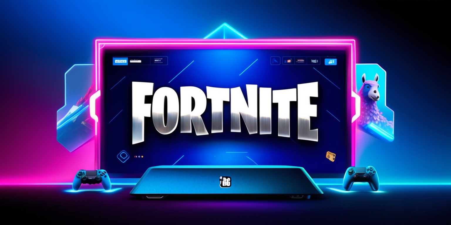 A vibrant, futuristic illustration of a gaming console or PC screen displaying the Fortnite game update interface, with a bold, bright blue background and neon-lit accents, showcasing a prominent, stylized font with the words Fortnite Update in metallic silver, surrounded by sleek, high-tech graphics and minimalistic user interface elements, featuring a subtle hint of the game's signature Loot Llama mascot in the corner, set against a dark, gradient blue background that evokes a sense of excitement and adventure.
