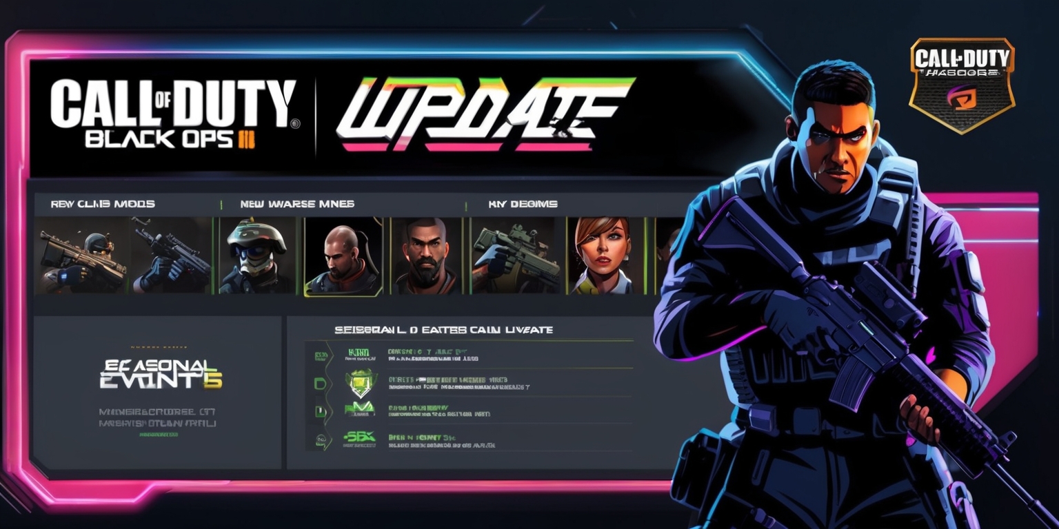 A futuristic illustrated screenshot of a Call of Duty update webpage, featuring bold headings and bright colors, with new game modes and maps highlighted in a sleek, modern font, and images of new weapons and characters with diverse facial features and skin colors, set against a dark background with neon accents, and a large Call of Duty logo in the top left corner with a black and red color scheme, alongside a smaller Black Ops 6 and Warzone logo with a metallic finish, and a list of seasonal events and updates in a clean, minimalist style with white text on a dark grey background, and a series of icons and graphics representing the new content, including a prominent image of a soldier in the foreground with a determined expression and a rifle slung over their shoulder.