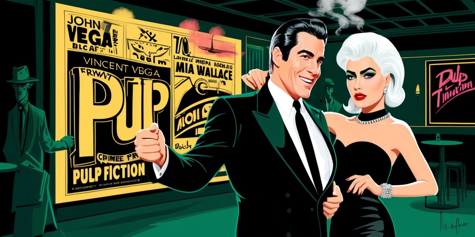 A stylized illustration depicting a pivotal scene from the 1994 crime film Pulp Fiction, set in a dimly lit, smoky Los Angeles nightclub, with a predominantly dark green and yellow color palette, evoking a sense of nostalgia and grit. In the foreground, a confident and charismatic Vincent Vega, played by John Travolta, takes center stage, dressed in a black suit and tie, with slicked-back black hair, piercing blue eyes, and a dimpled smile, dancing alongside the stunning and enigmatic Mia Wallace, played by Uma Thurman, wearing a black cocktail dress and featuring striking, platinum-blonde hair, bold eyebrows, and bold red lipstick. In the background, a mural inspired by 70s pulp fiction art, featuring bold typography, neon signs, and abstract shapes, adds to the nostalgic and over-the-top atmosphere, with hints of orange and pink hues adding warmth and energy to the scene.