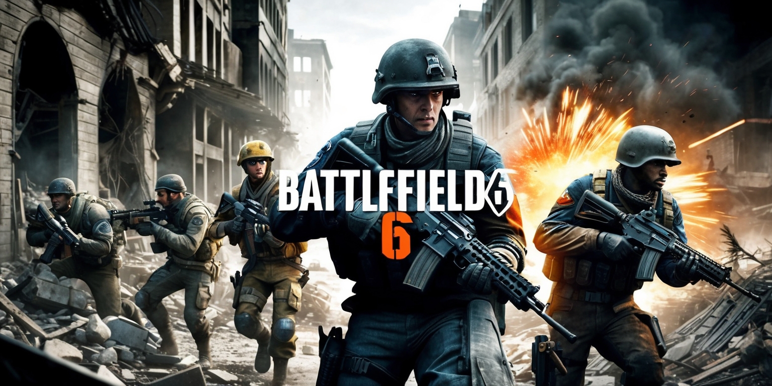 A dramatic and intense scene from the Battlefield 6 game, set in a war-torn environment with destroyed buildings and debris-filled streets, featuring a group of soldiers with determined facial expressions, diverse skin colors, and unique uniforms, wielding assault rifles and navigating through the chaos, with a mix of earthy tones, smoky grays, and vibrant explosions, in a cinematic style with a shallow depth of field, and a bold, gritty texture, with the game's logo subtly integrated into the scene, in a widescreen format with a focus on the action-packed gameplay and thrilling atmosphere.