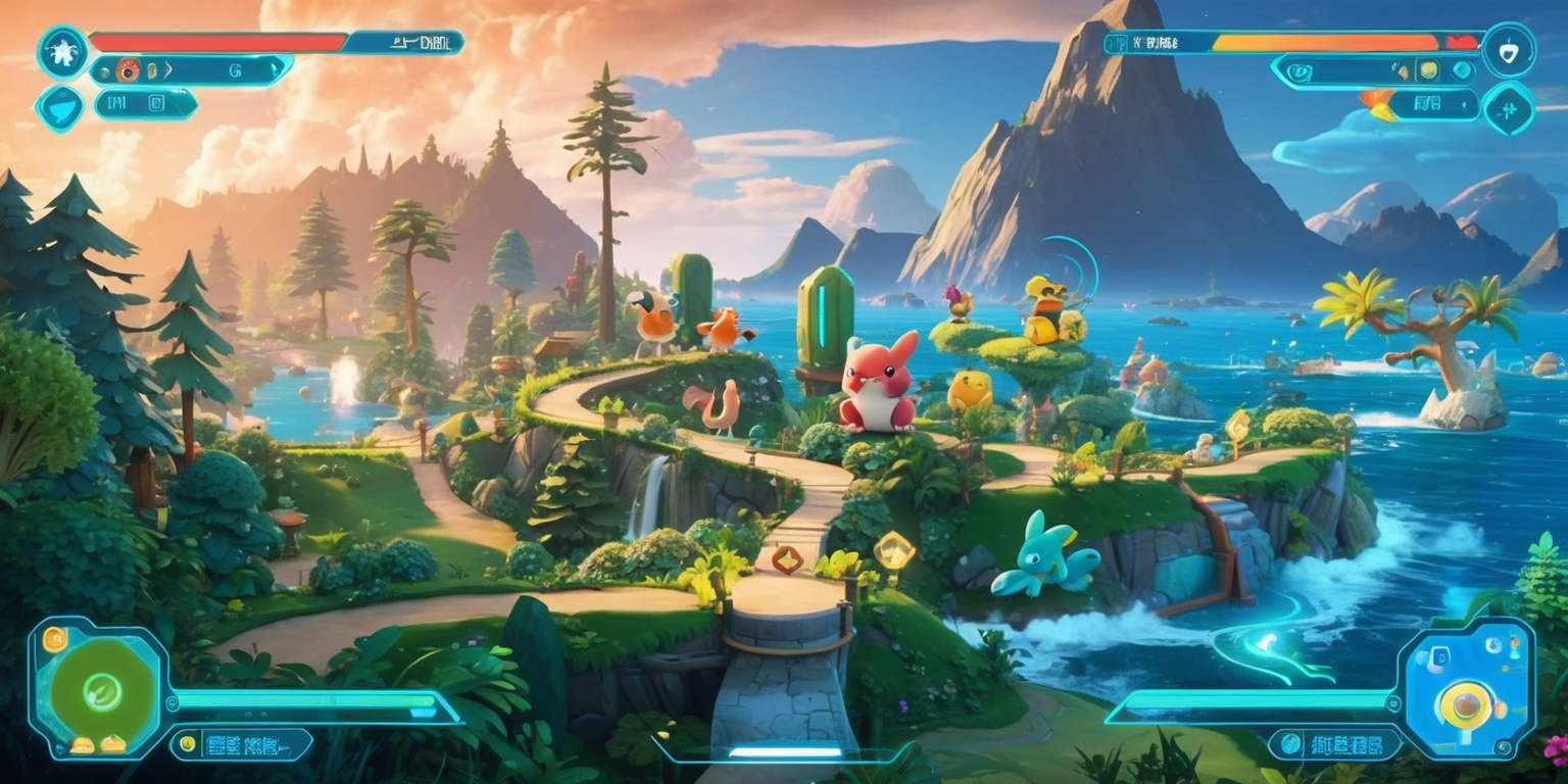 A vibrant digital game world inspired by Pokémon, where players embark on thrilling adventures, exploring lush environments, overcoming tactical challenges, and encountering a diverse array of fantastical creatures, with hidden pathways, environmental hazards, and strategic progression elements that offer a fresh spin on classic creature-collection gameplay, featuring a mix of daytime and nighttime scenes, with warm golden light and cool blue tones, set against a backdrop of dense forests, towering mountains, and vast oceans, with intricate details and textures, and a dynamic user interface that showcases vital information, such as health points, inventory, and navigation, in a futuristic, neon-lit style, with bold lines, and sleek typography.